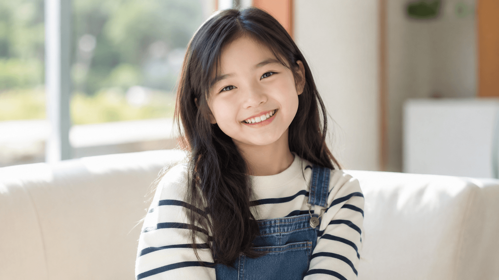스트라이프 니트에 데님 멜빵바지를 입은 여자아이가 소파에 앉아 환하게 웃으며 건강한 치아를 보이는 모습