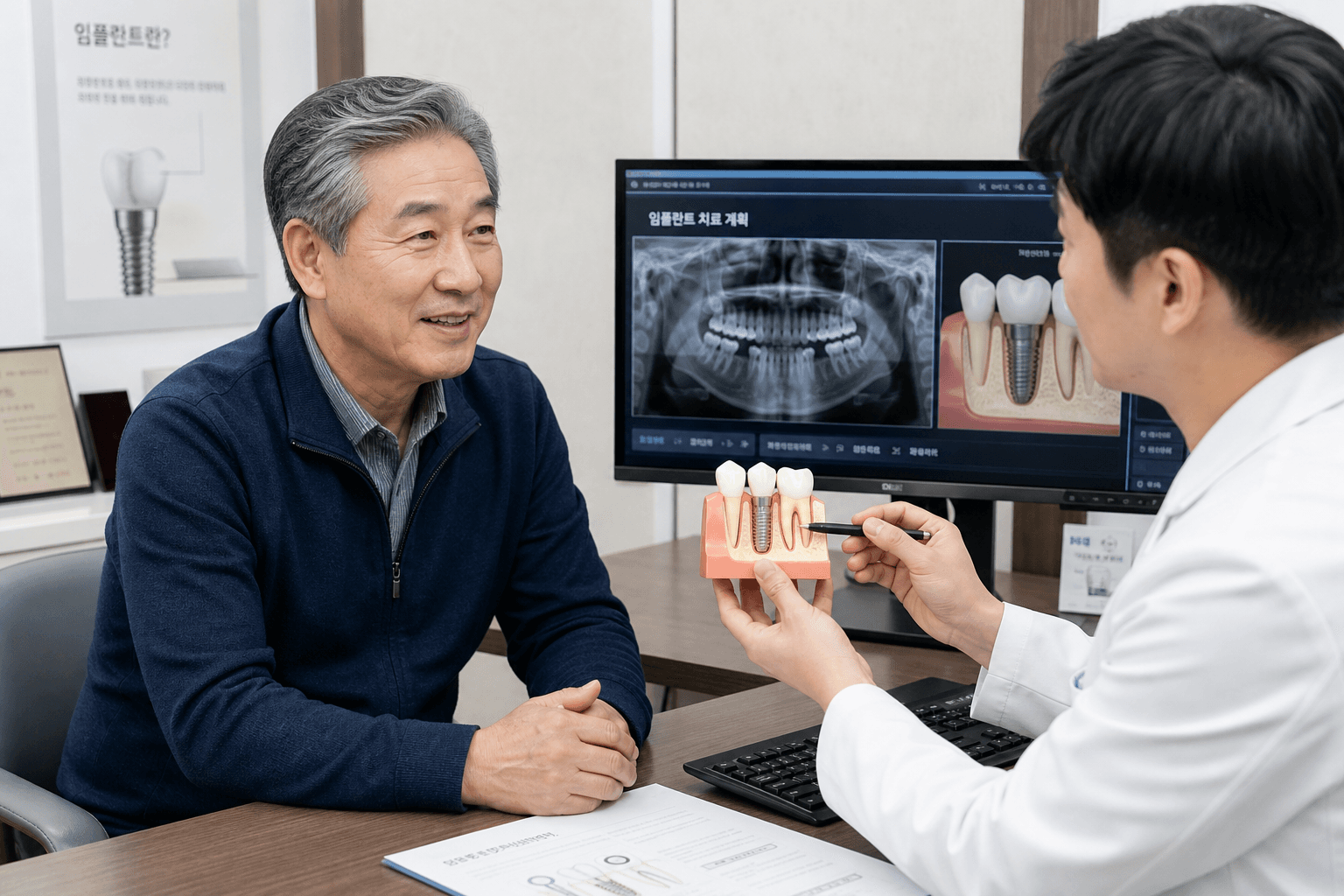 60대 남성이 임플란트 상담을 받는 모습