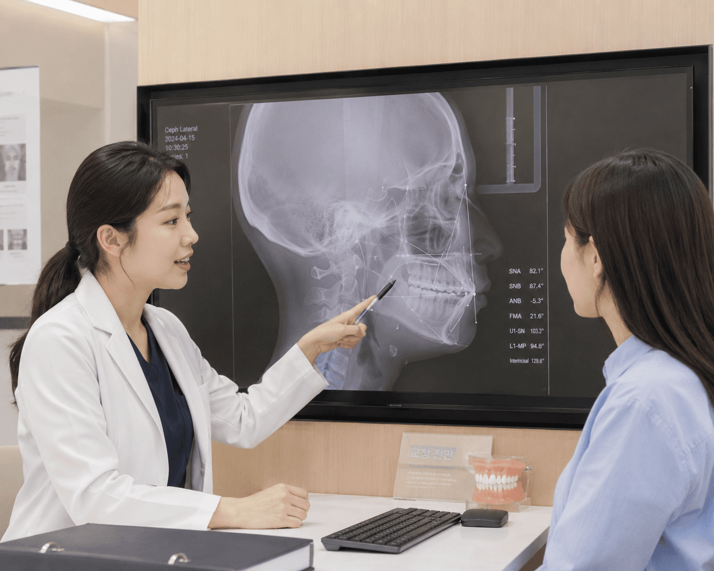 치과 진료실에서 측모두부방사선사진(세팔로)을 함께 보는 의료진과 환자