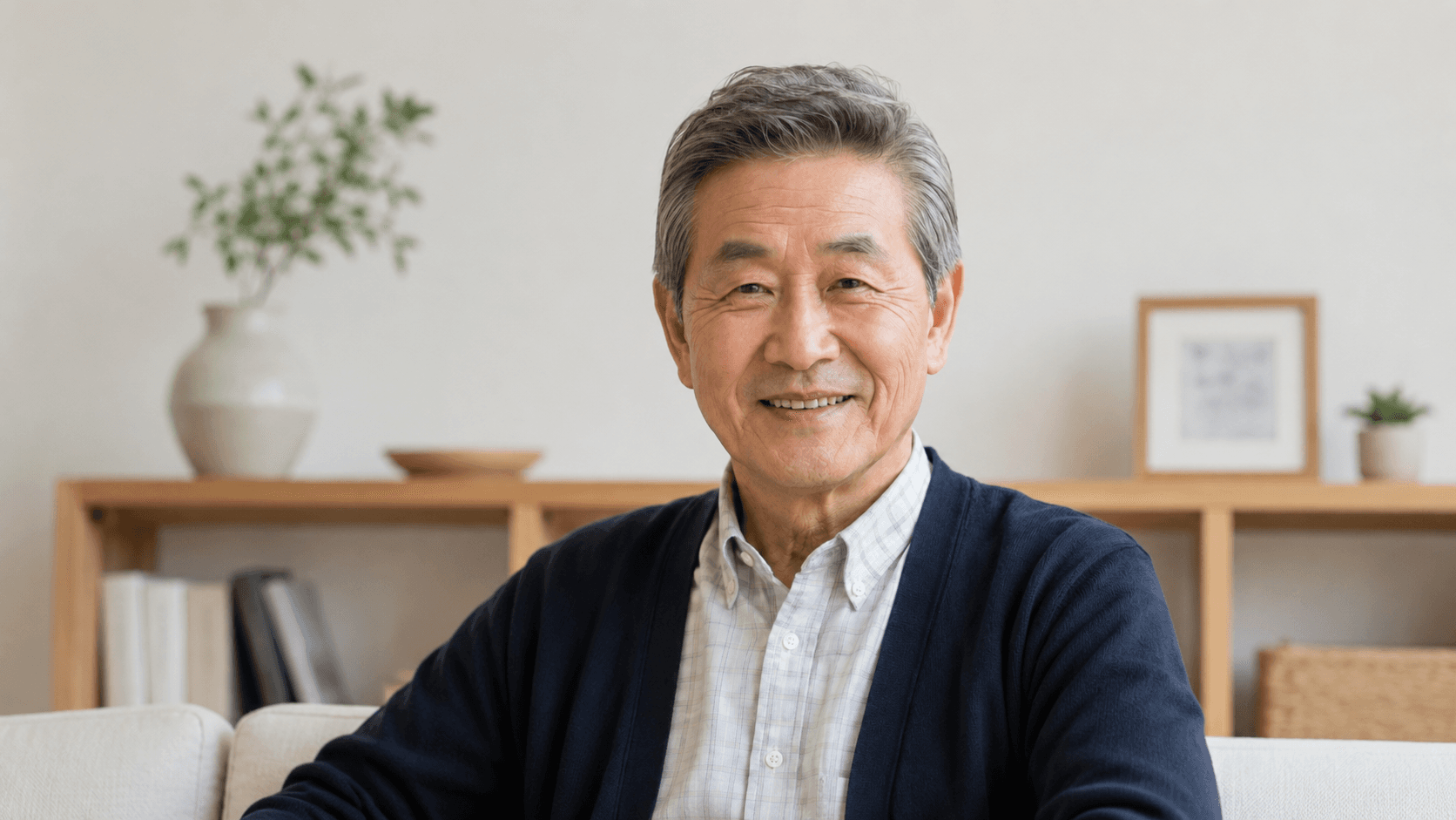 네이비 가디건을 입은 백발의 어르신이 거실 소파에 앉아 온화하게 미소 짓는 모습, 뒤편에 화분과 액자가 놓인 선반이 보임