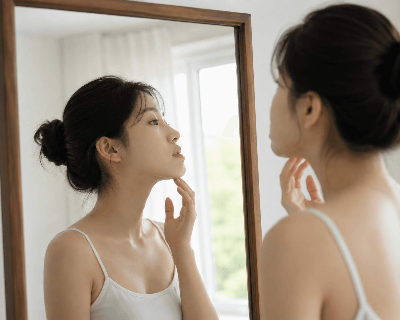 거울을 보며 옆모습 턱선을 확인하는 20대 여성, 자연광 실내